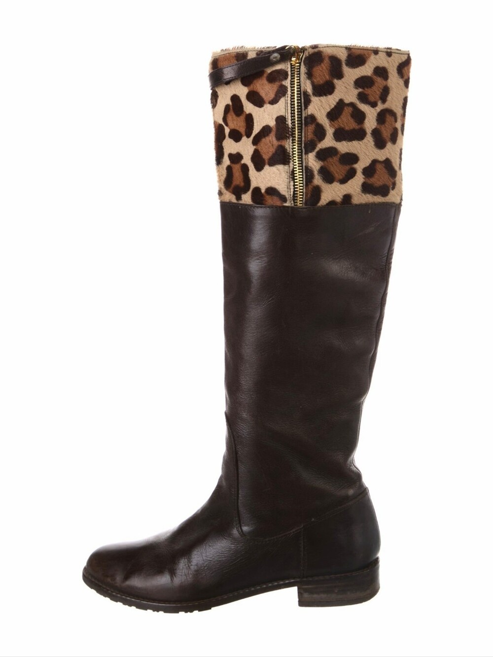 Stuart Weitzman Black Leather Knee-High Riding Boots Fur Leopard Cuff Luxury